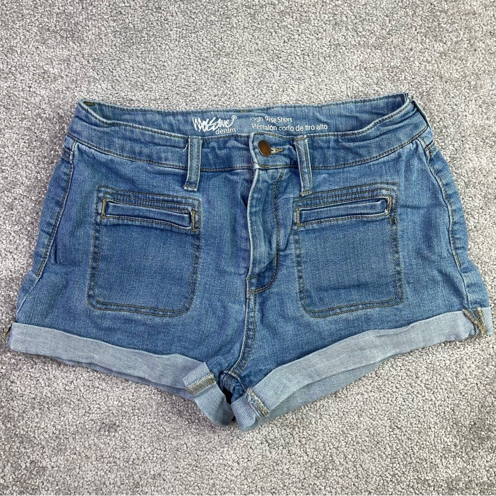 Mossimo Denim Shorts Women's 8 Blue Mid-Rise Medium Wash Rolled Cuffed Stretch